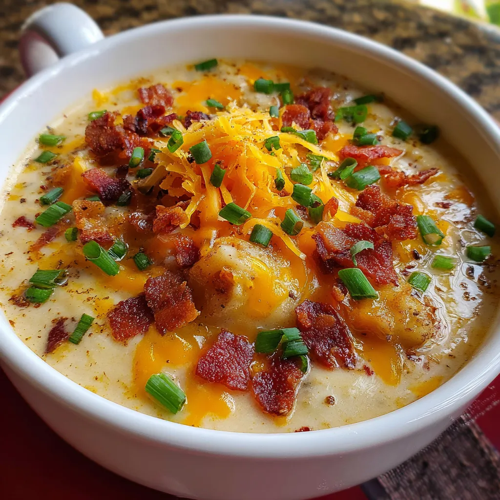 Bowl of creamy Copycat Outback Baked Potato Soup topped with cheese, bacon, and green onions.
