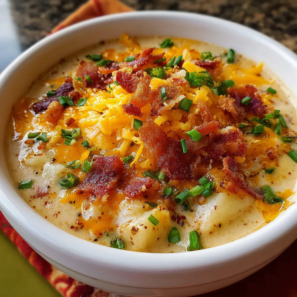 Bowl of creamy Copycat Outback Baked Potato Soup topped with cheese, bacon, and green onions.