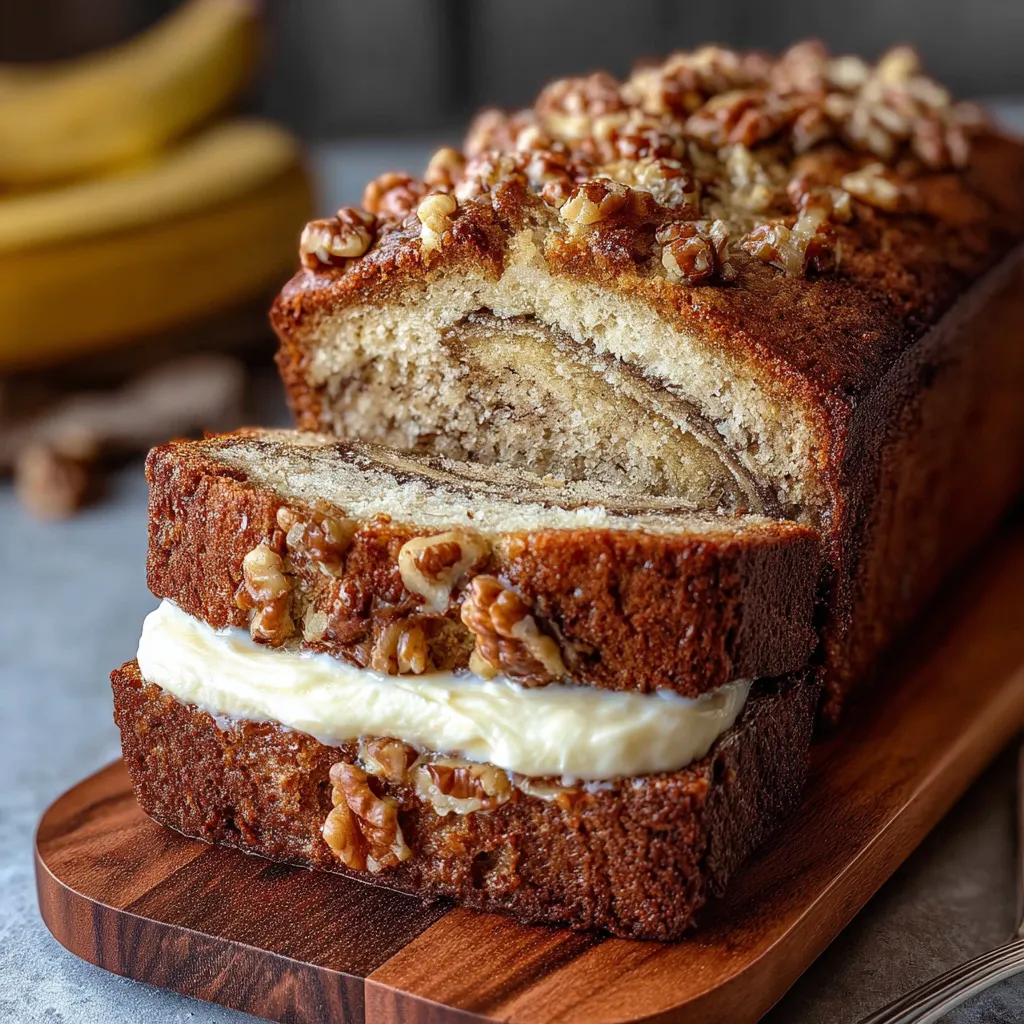 Moist cream cheese banana bread loaf with a golden crust and creamy swirl.