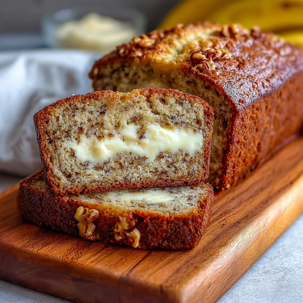 Moist cream cheese banana bread loaf with a golden crust and creamy swirl.