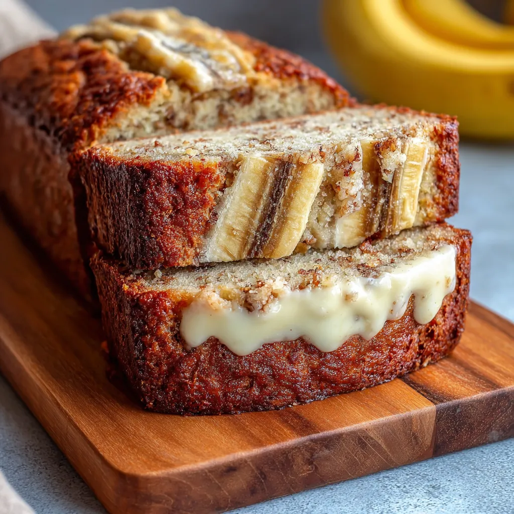 Moist cream cheese banana bread loaf with a golden crust and creamy swirl.