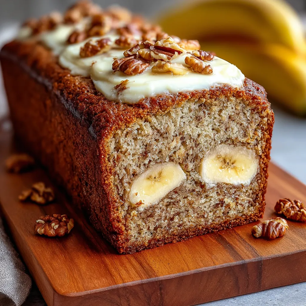 Moist cream cheese banana bread loaf with a golden crust and creamy swirl.