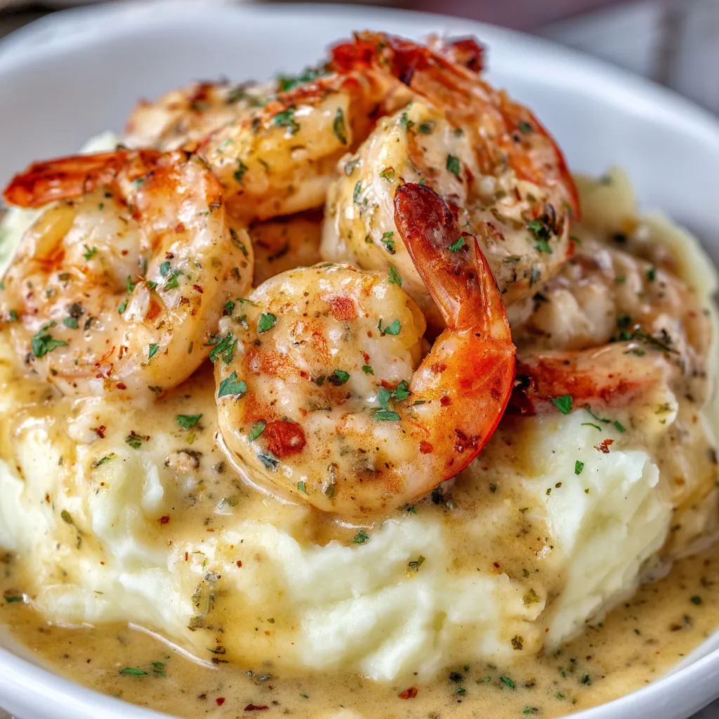 Juicy shrimp in creamy garlic sauce served over buttery mashed potatoes with parsley garnish.