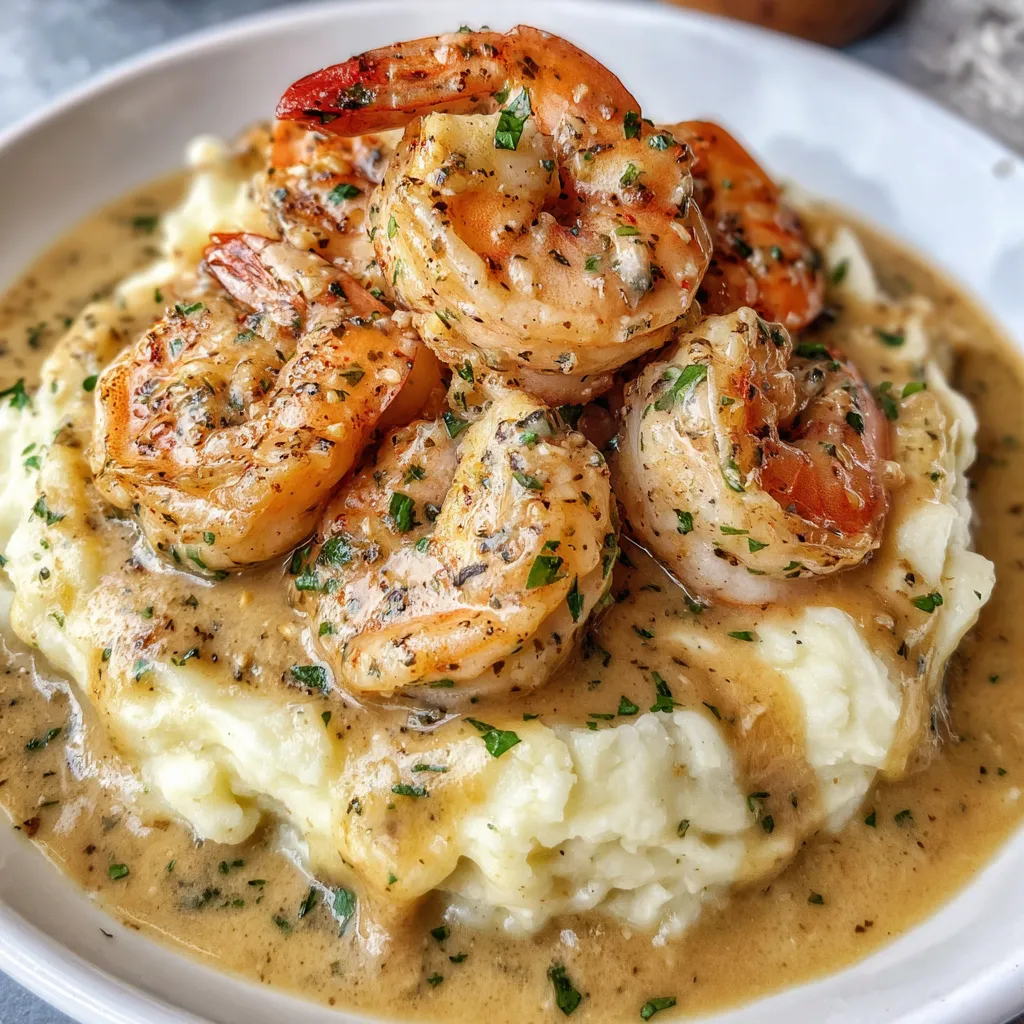 Juicy shrimp in creamy garlic sauce served over buttery mashed potatoes with parsley garnish.