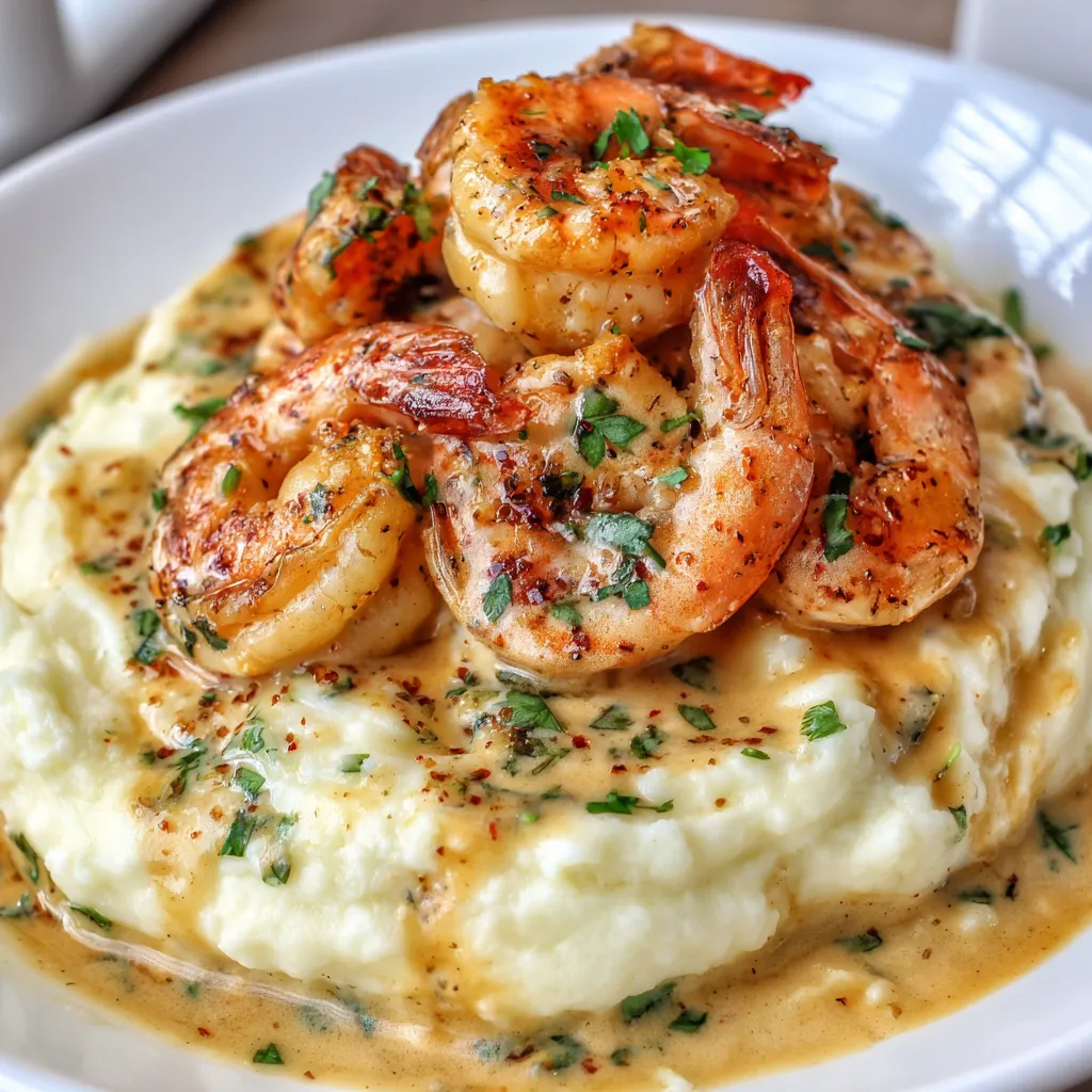 Juicy shrimp in creamy garlic sauce served over buttery mashed potatoes with parsley garnish.