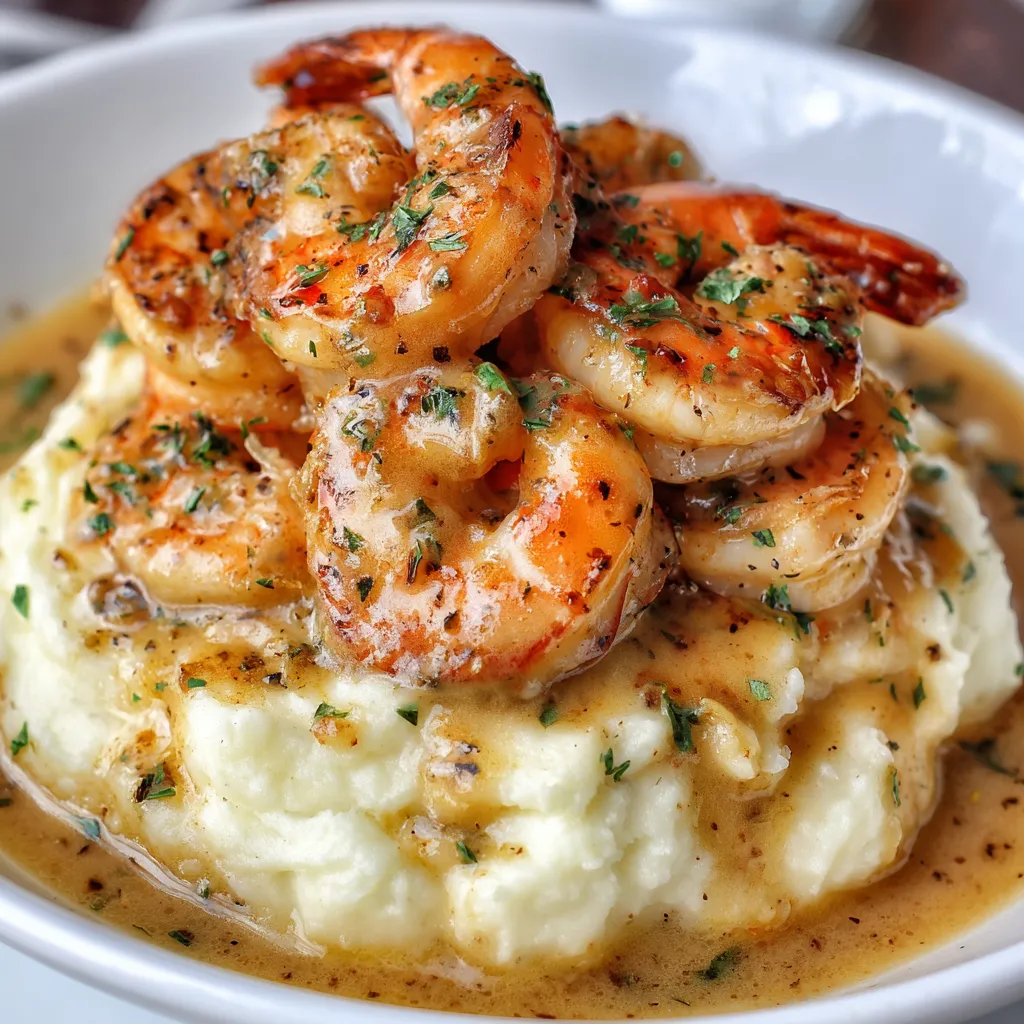 Juicy shrimp in creamy garlic sauce served over buttery mashed potatoes with parsley garnish.