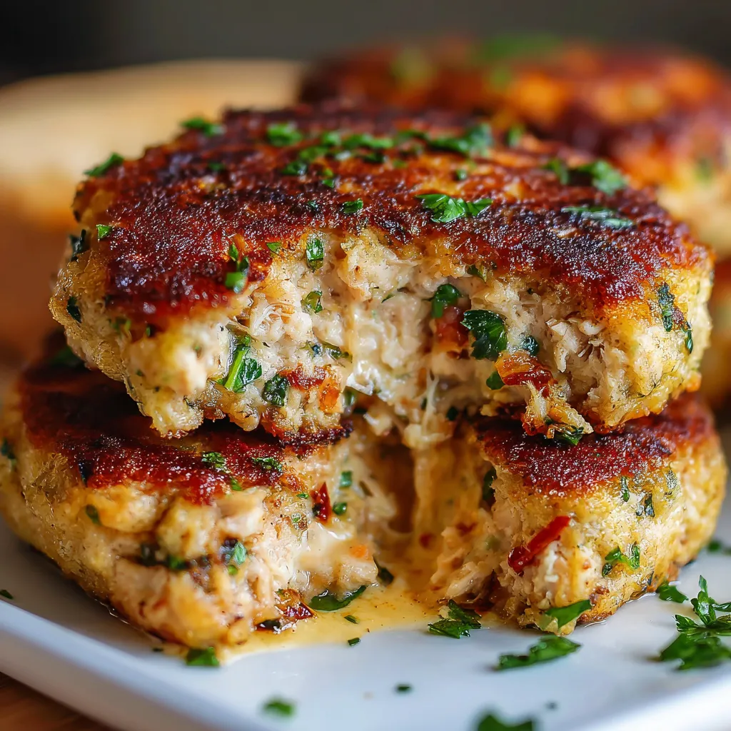 Golden crispy tuna melt patties stacked on a plate with fresh salad on the side.