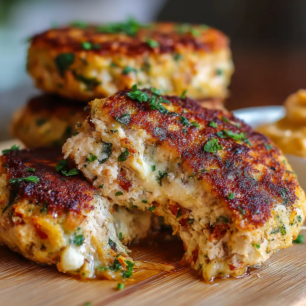 Golden crispy tuna melt patties stacked on a plate with fresh salad on the side.