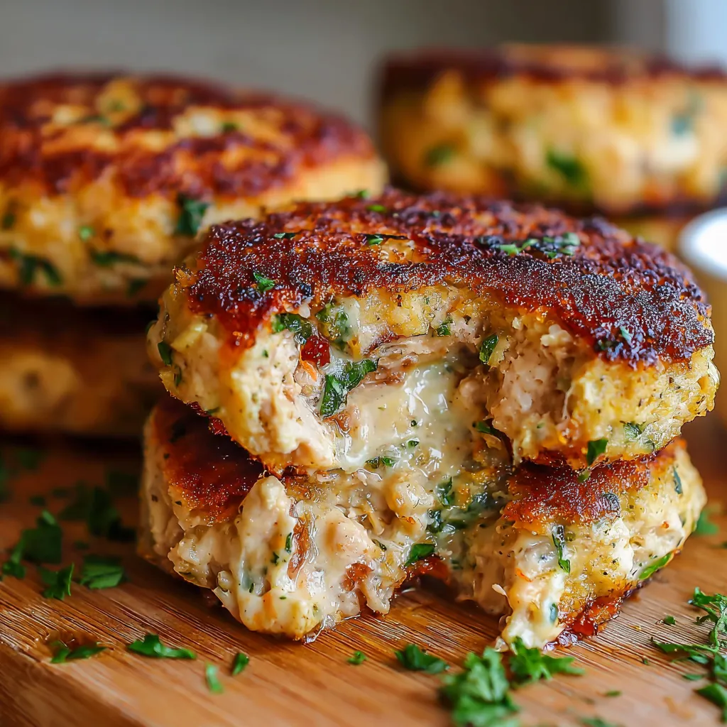 Golden crispy tuna melt patties stacked on a plate with fresh salad on the side.