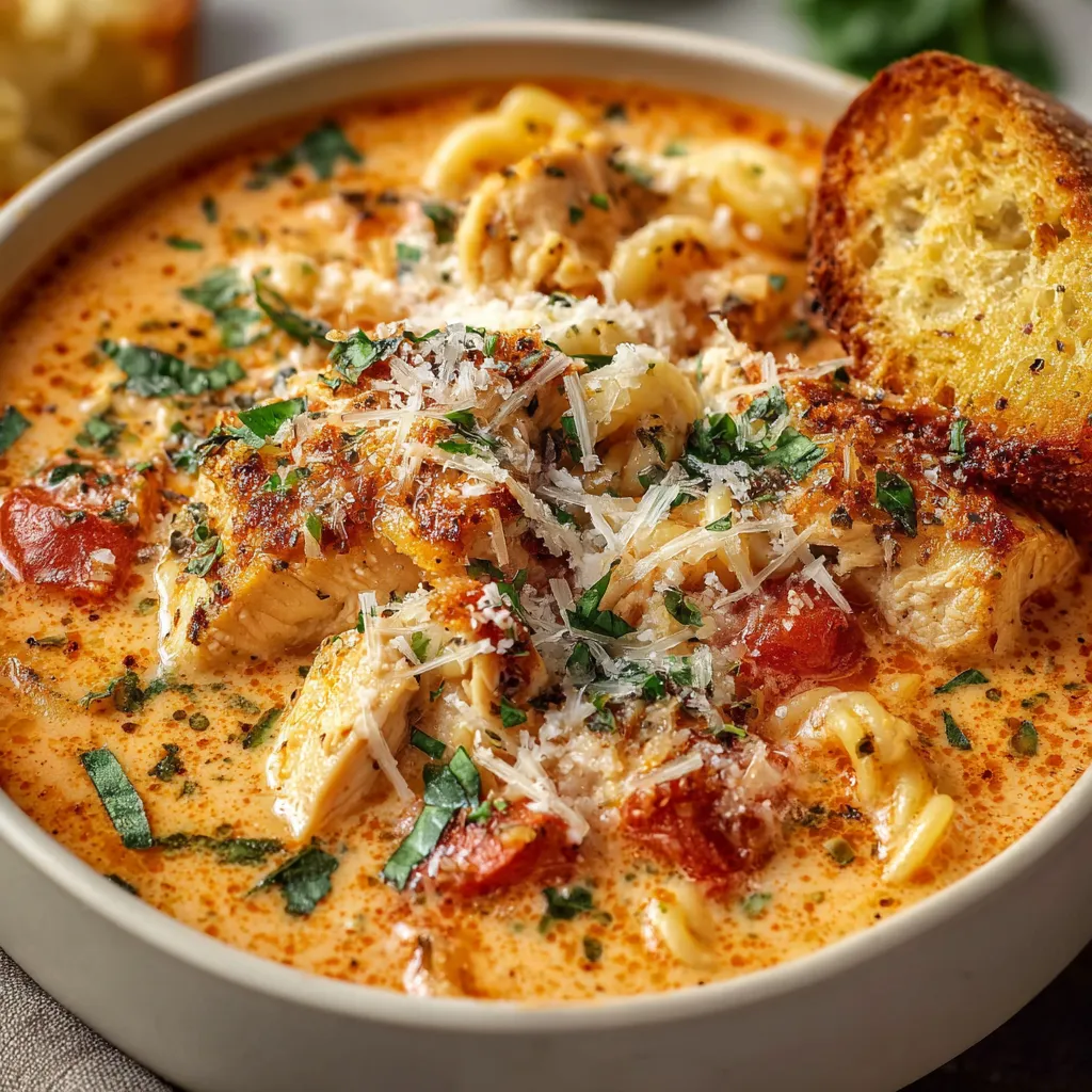 A warm bowl of Crockpot Chicken Parmesan Soup with melted cheese, shredded chicken, and fresh herbs.