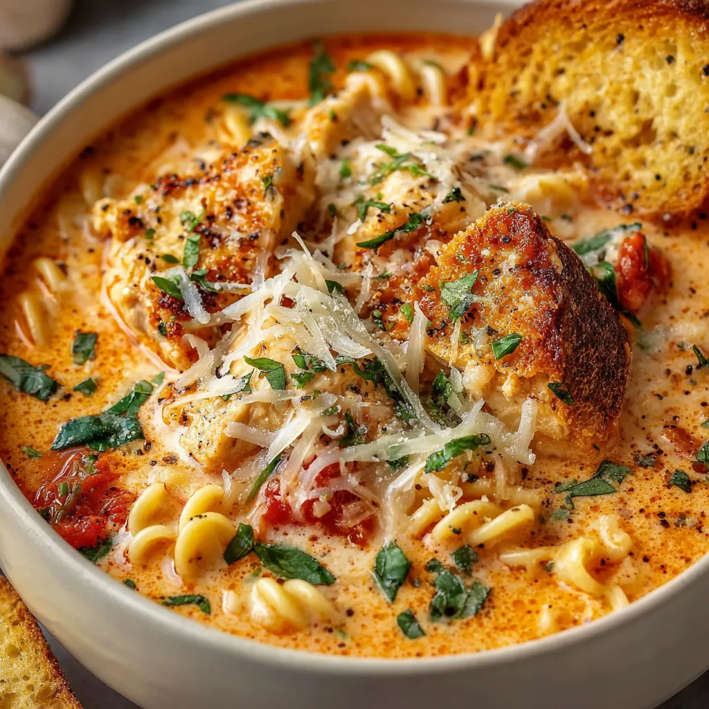 A warm bowl of Crockpot Chicken Parmesan Soup with melted cheese, shredded chicken, and fresh herbs.