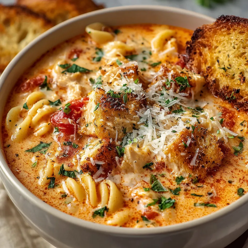 A warm bowl of Crockpot Chicken Parmesan Soup with melted cheese, shredded chicken, and fresh herbs.