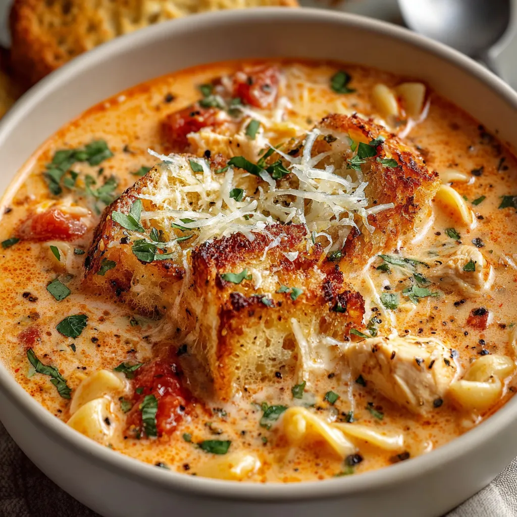 A warm bowl of Crockpot Chicken Parmesan Soup with melted cheese, shredded chicken, and fresh herbs.