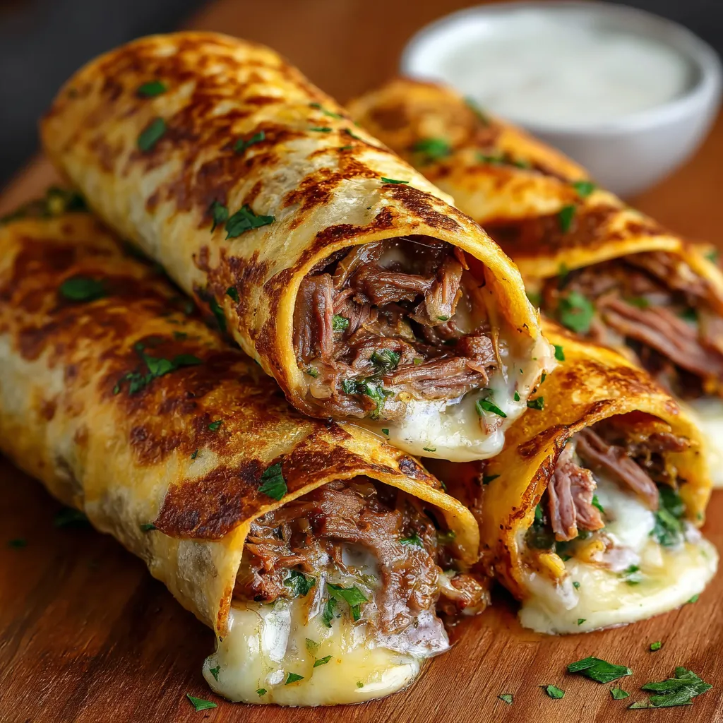 Golden brown tortilla roll ups filled with roast beef and melted cheese, served with a small bowl of au jus dipping sauce.