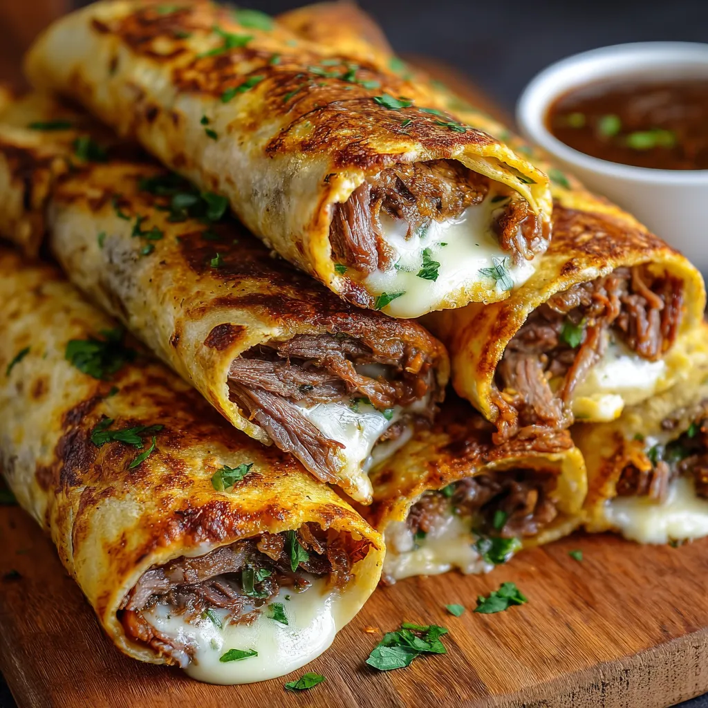Golden brown tortilla roll ups filled with roast beef and melted cheese, served with a small bowl of au jus dipping sauce.