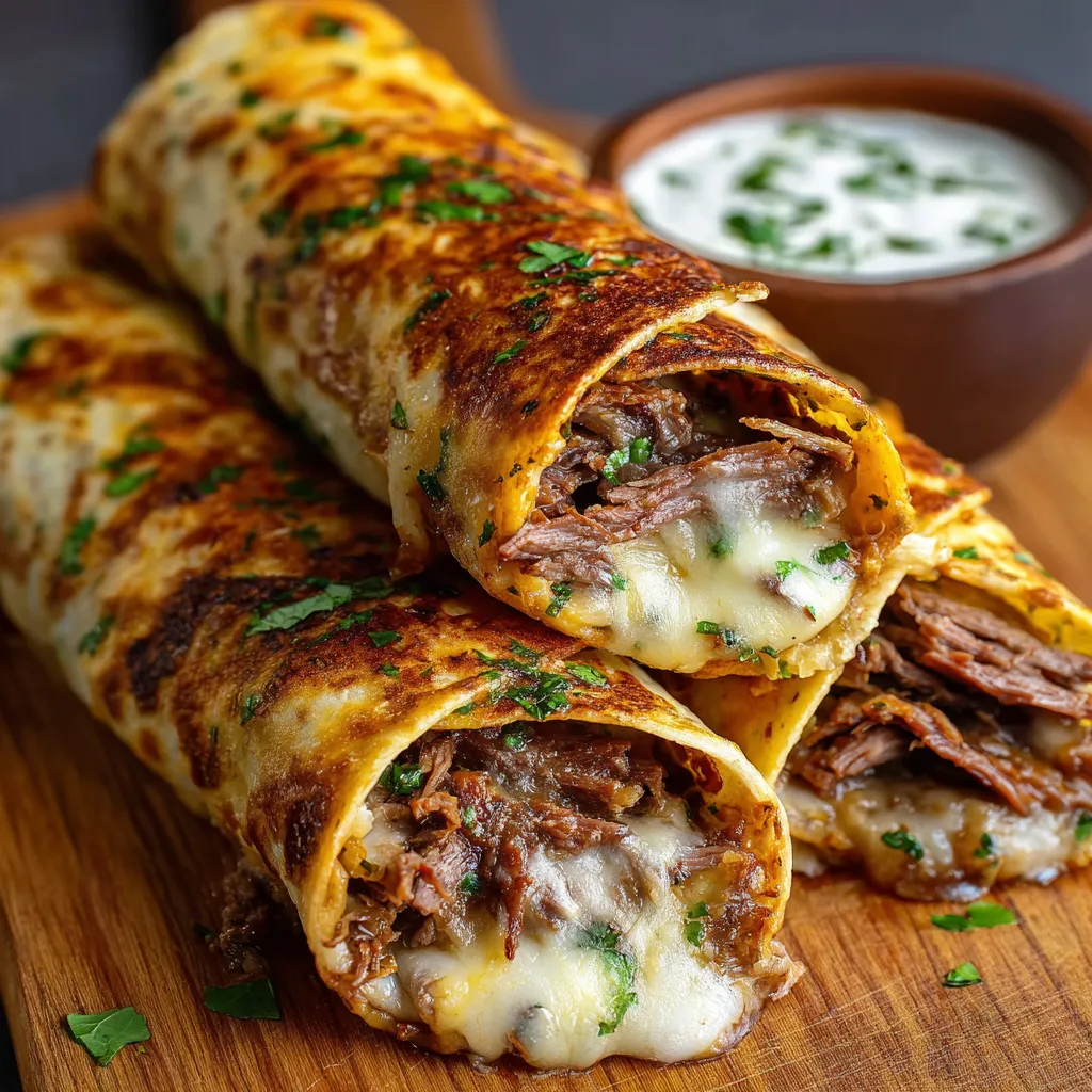 Golden brown tortilla roll ups filled with roast beef and melted cheese, served with a small bowl of au jus dipping sauce.