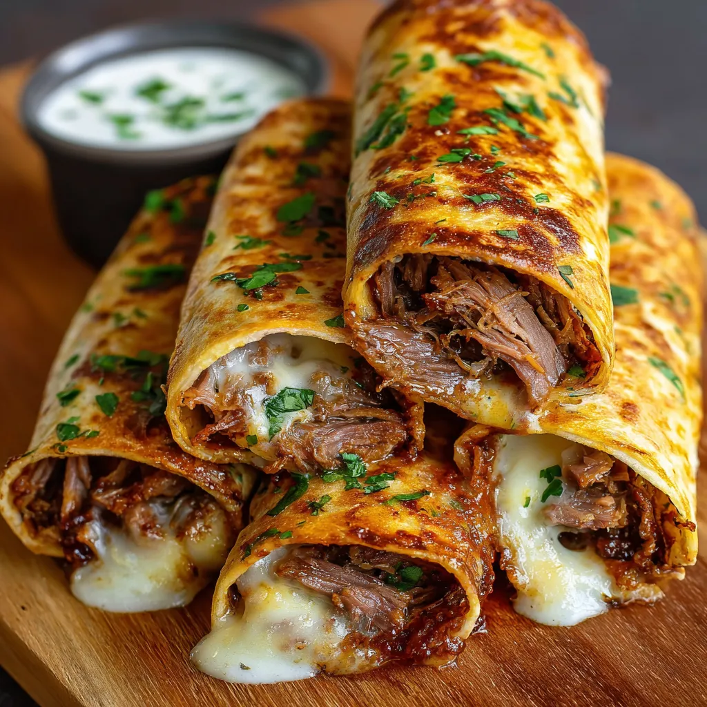 Golden brown tortilla roll ups filled with roast beef and melted cheese, served with a small bowl of au jus dipping sauce.