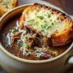 French onion soup with tender shredded beef short ribs and bubbling Gruyère toast on top