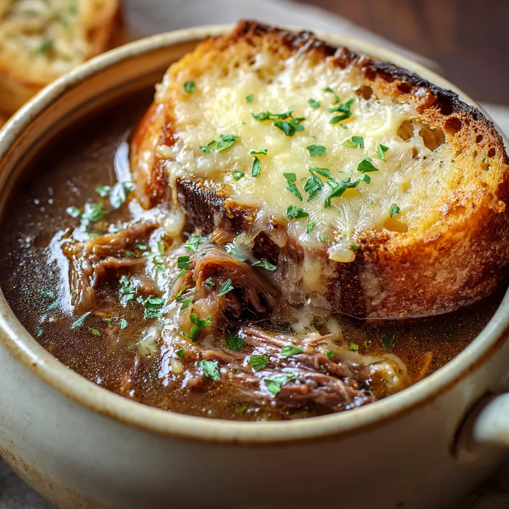 French onion soup with tender shredded beef short ribs and bubbling Gruyère toast on top