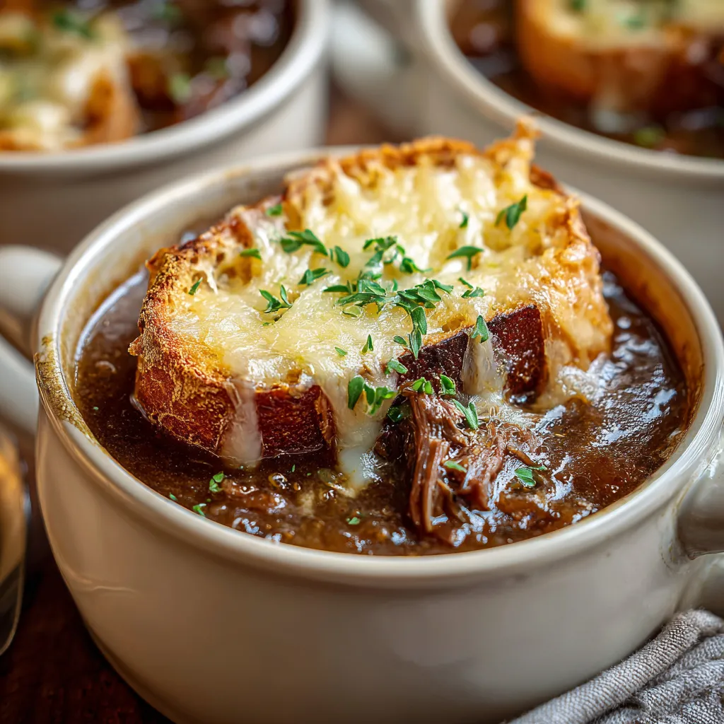 French onion soup with tender shredded beef short ribs and bubbling Gruyère toast on top