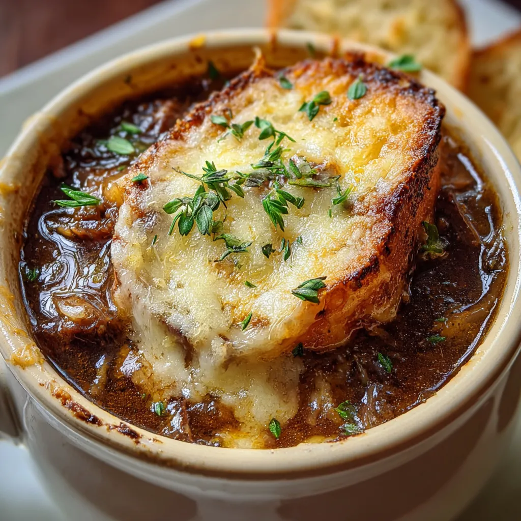 French onion soup with tender shredded beef short ribs and bubbling Gruyère toast on top