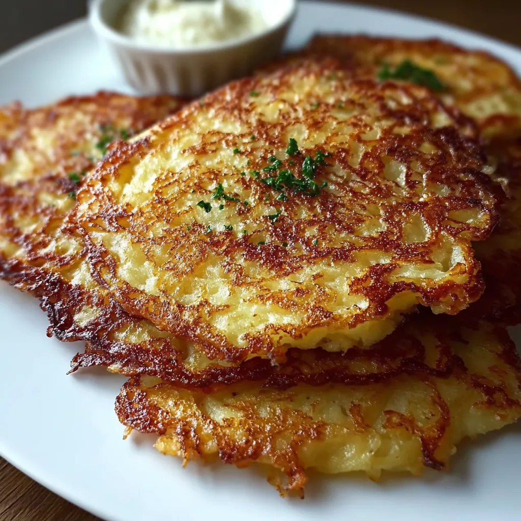 Golden crispy German Potato Pancakes served with sour cream and applesauce
