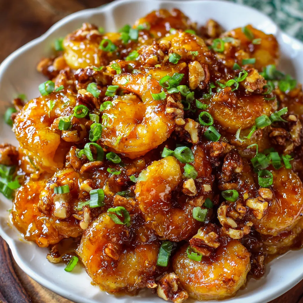 A bowl of crispy honey walnut shrimp with golden candied walnuts and creamy honey sauce.