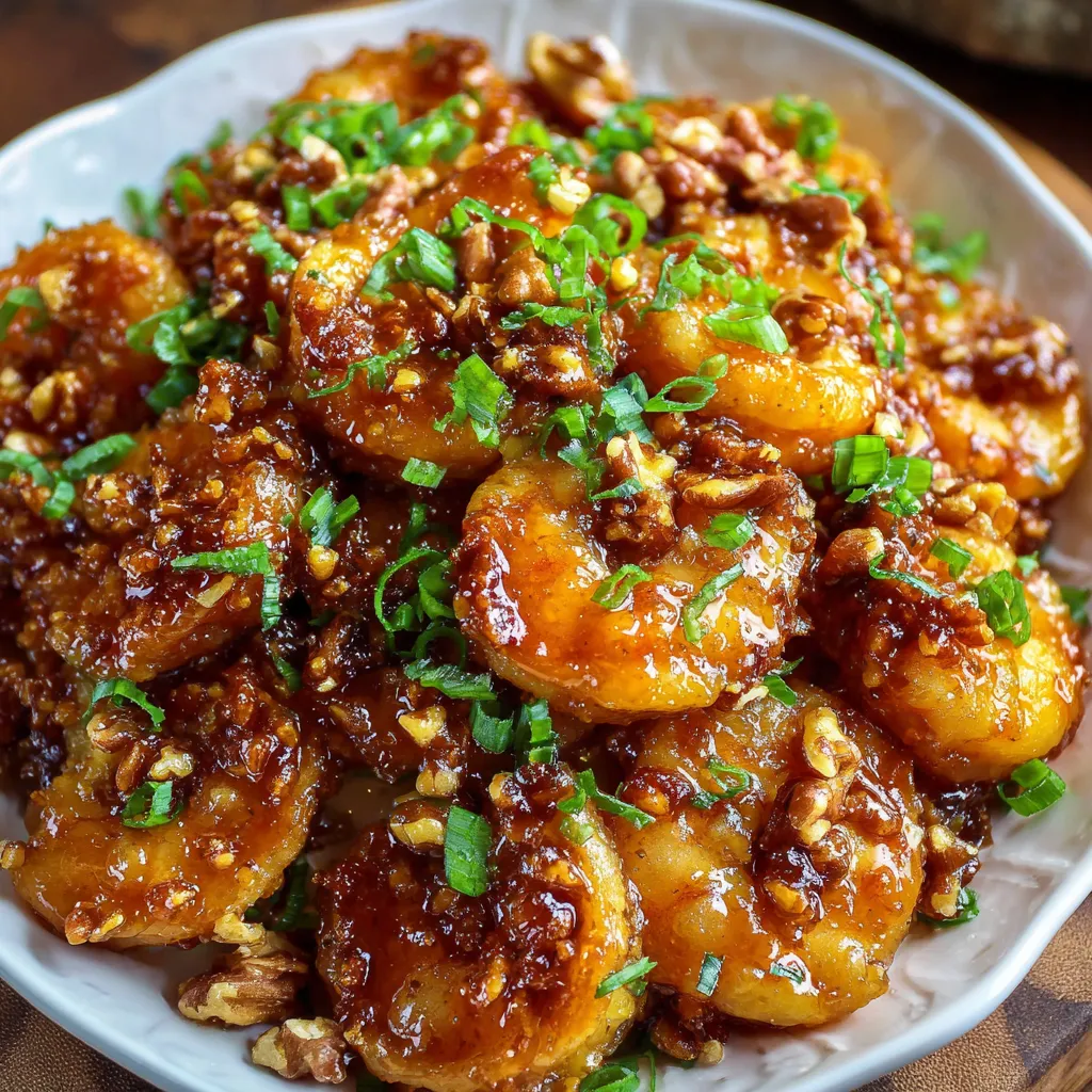 A bowl of crispy honey walnut shrimp with golden candied walnuts and creamy honey sauce.