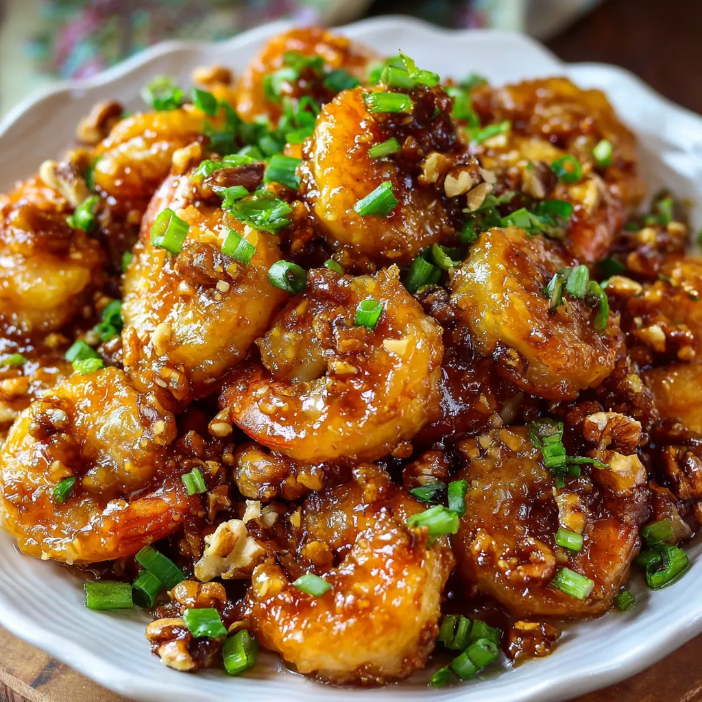 A bowl of crispy honey walnut shrimp with golden candied walnuts and creamy honey sauce.
