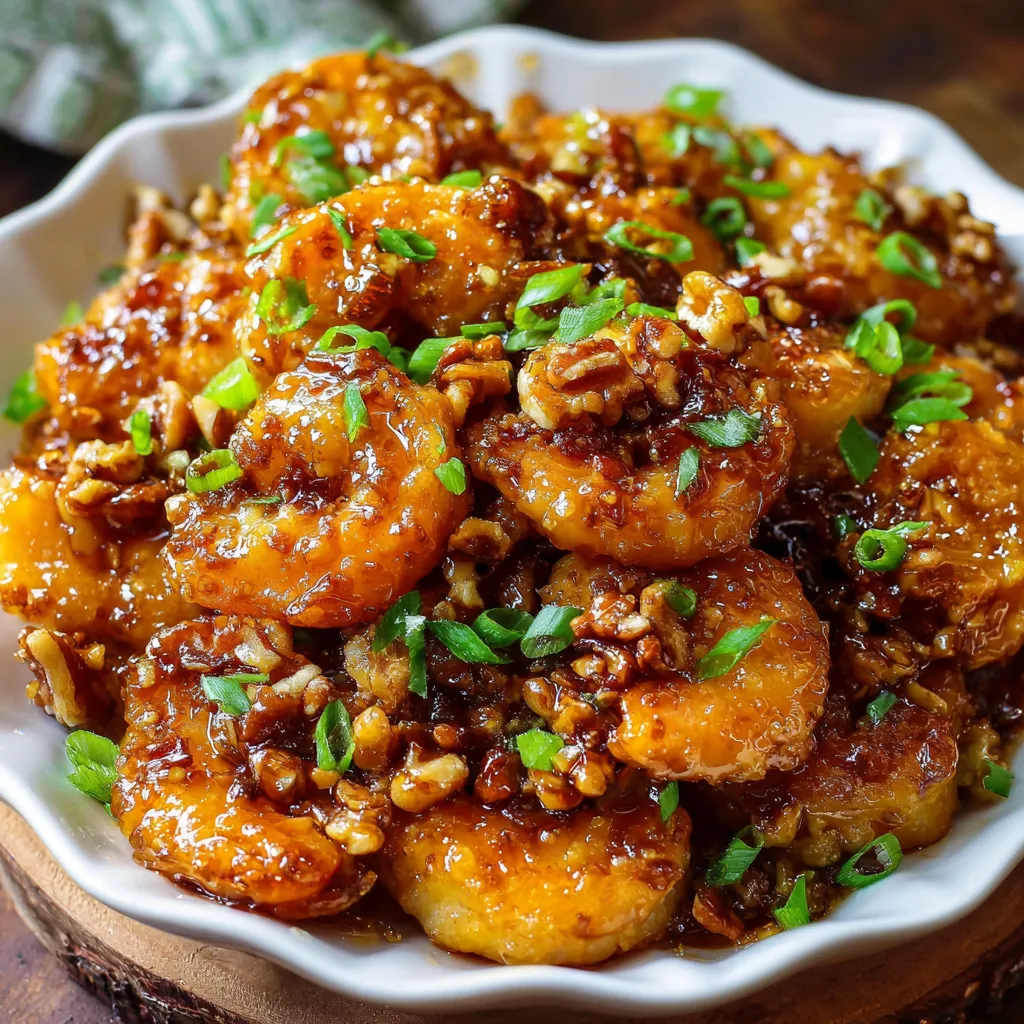 A bowl of crispy honey walnut shrimp with golden candied walnuts and creamy honey sauce.