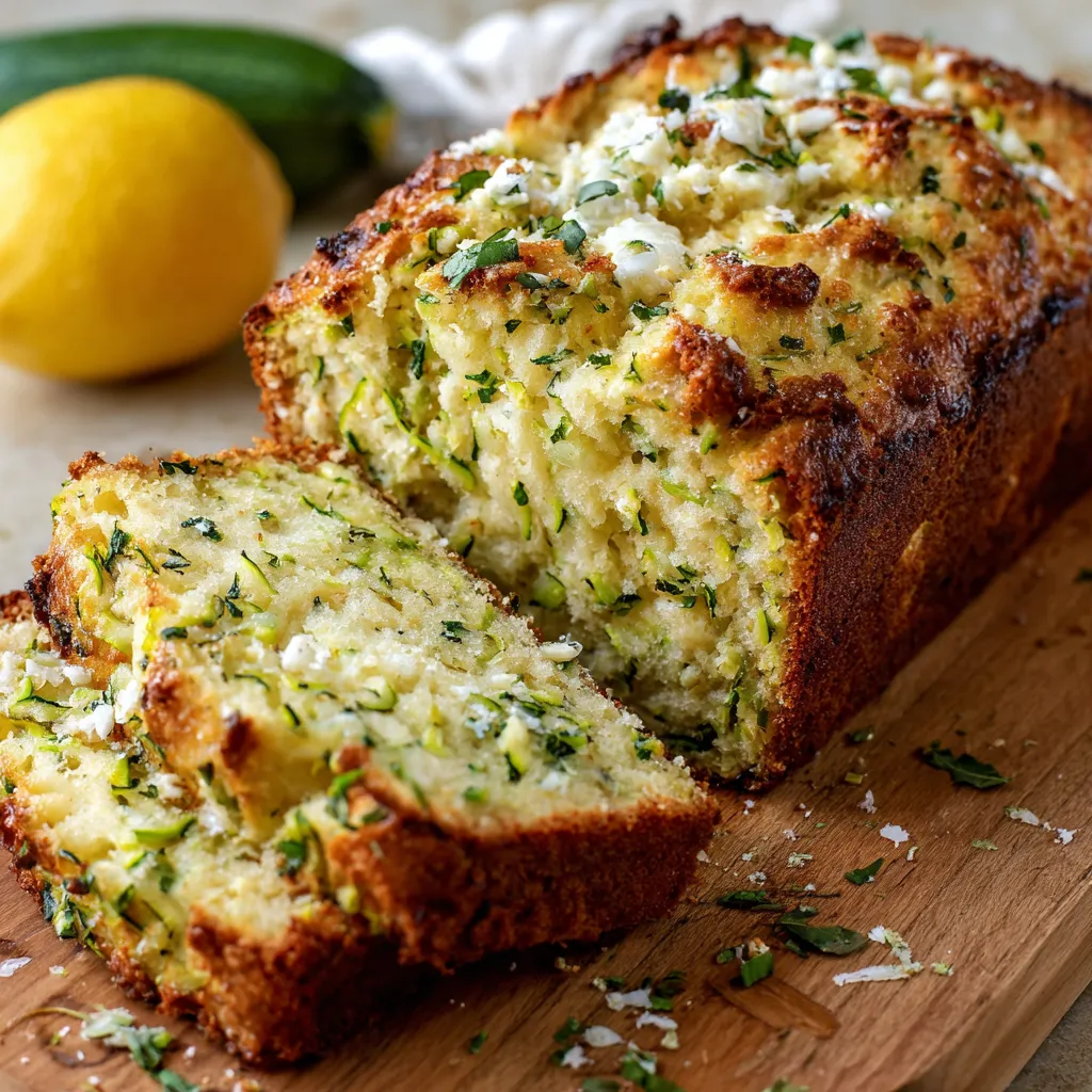 Freshly baked Limoncello Zucchini Ricotta Bread on a wooden board, sliced and ready to serve.