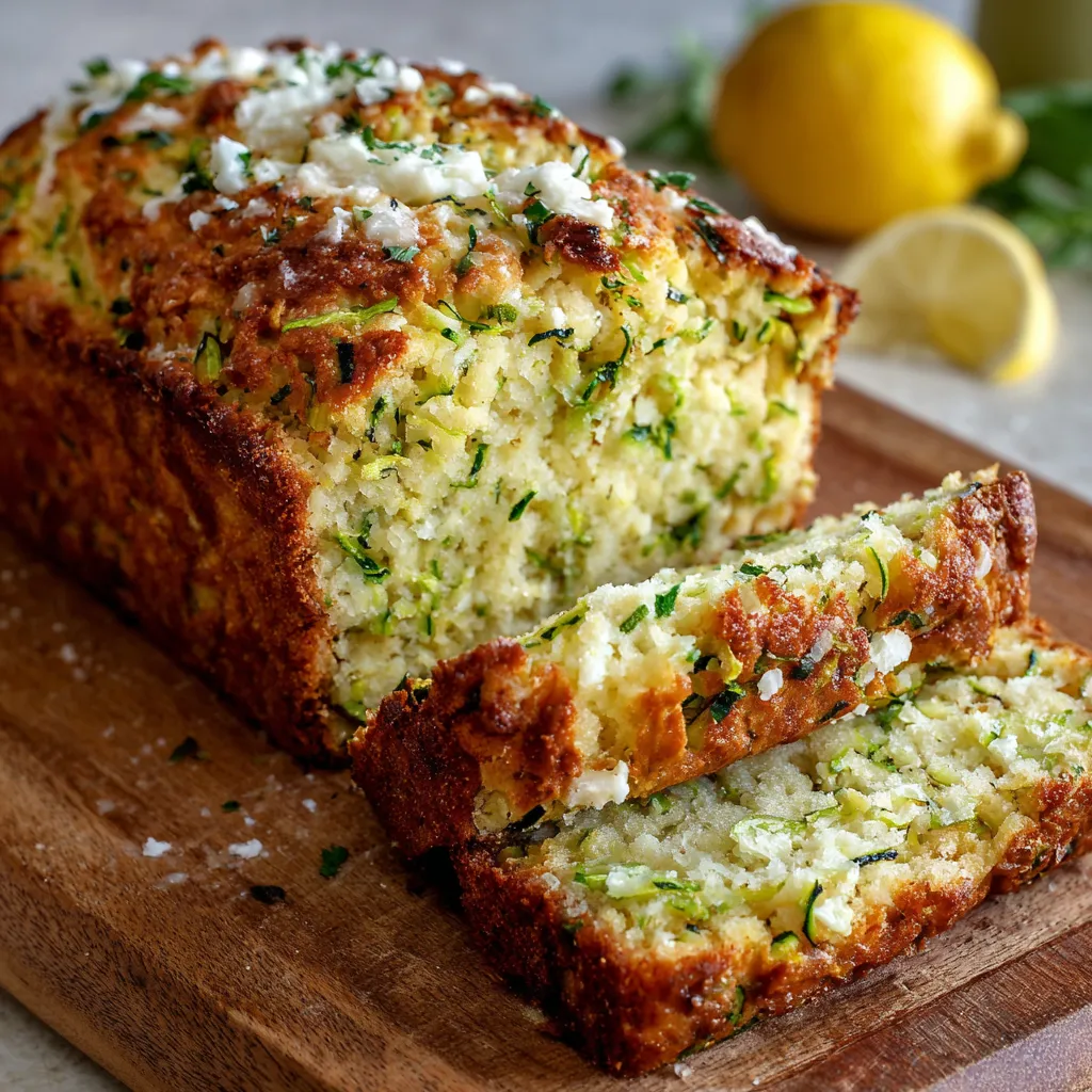 Freshly baked Limoncello Zucchini Ricotta Bread on a wooden board, sliced and ready to serve.
