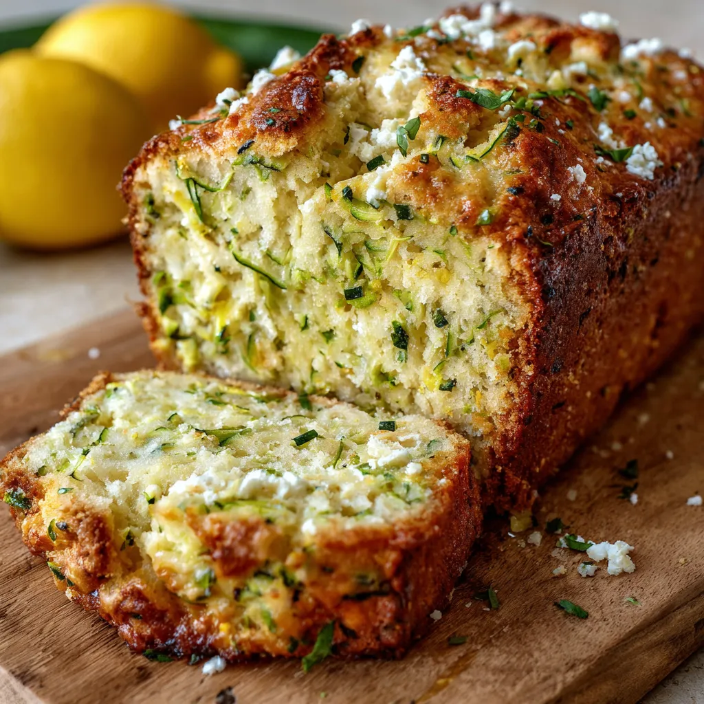 Freshly baked Limoncello Zucchini Ricotta Bread on a wooden board, sliced and ready to serve.