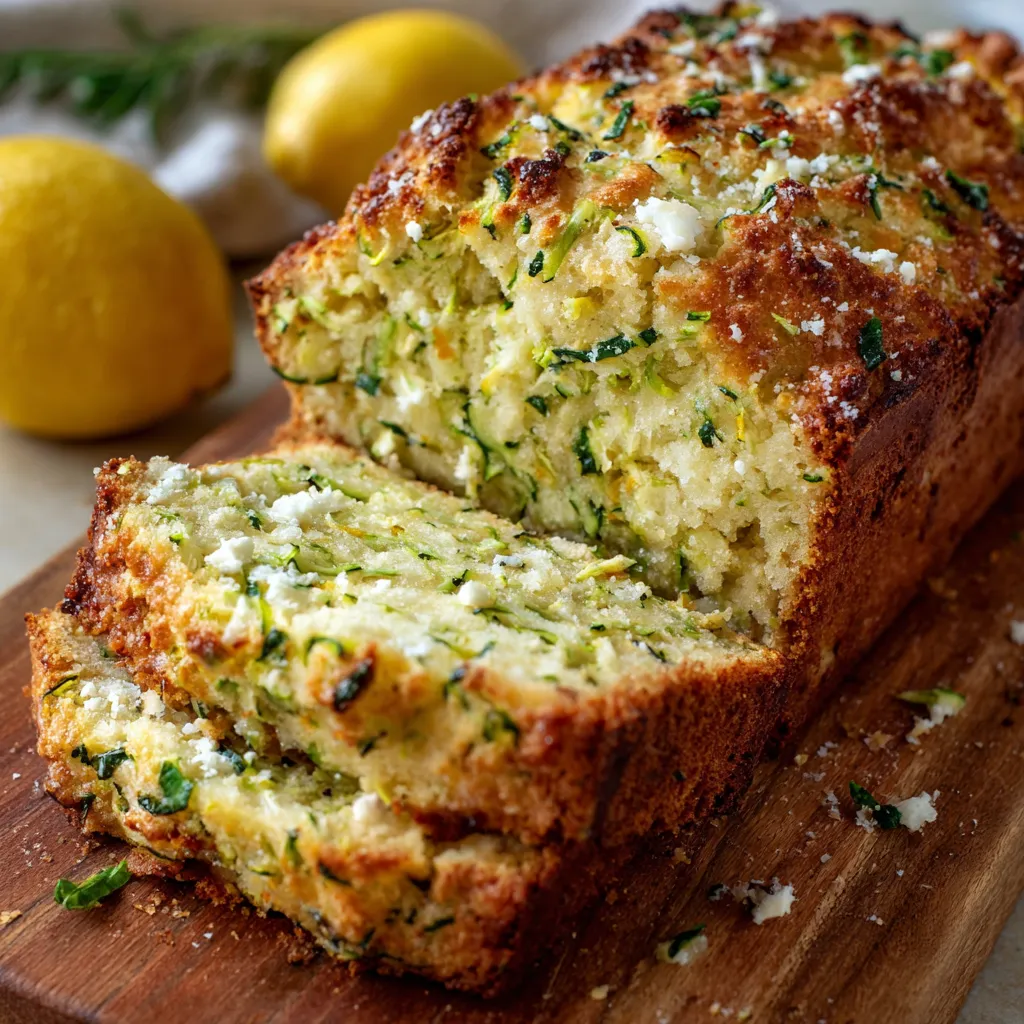 Freshly baked Limoncello Zucchini Ricotta Bread on a wooden board, sliced and ready to serve.