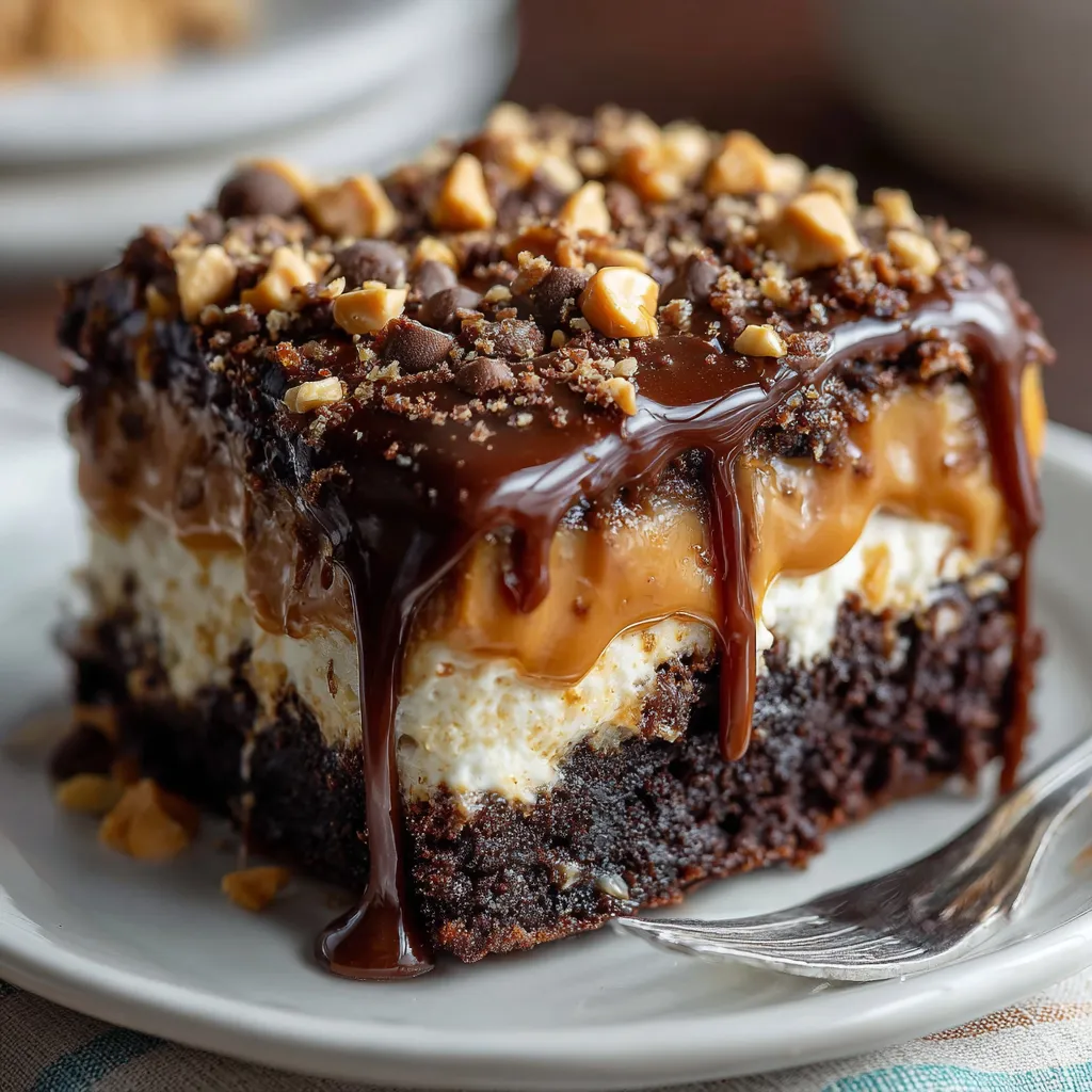 A slice of moist chocolate peanut butter poke cake topped with peanut butter cups and chocolate drizzle.