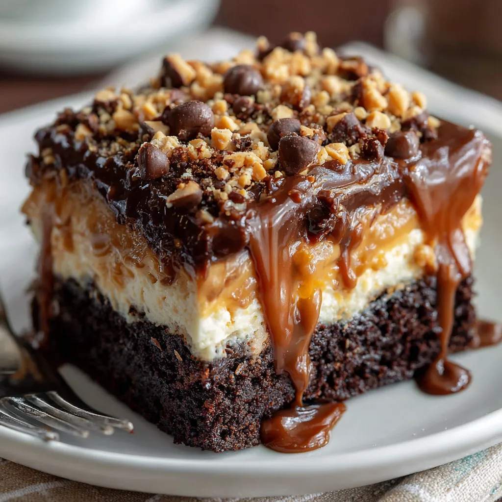 A slice of moist chocolate peanut butter poke cake topped with peanut butter cups and chocolate drizzle.