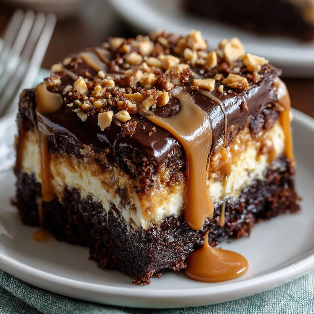A slice of moist chocolate peanut butter poke cake topped with peanut butter cups and chocolate drizzle.