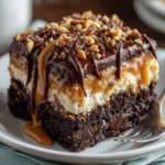 A slice of moist chocolate peanut butter poke cake topped with peanut butter cups and chocolate drizzle.