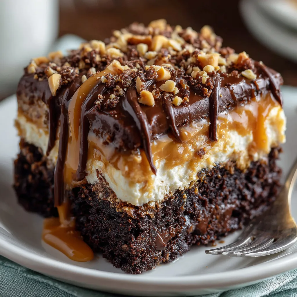 A slice of moist chocolate peanut butter poke cake topped with peanut butter cups and chocolate drizzle.