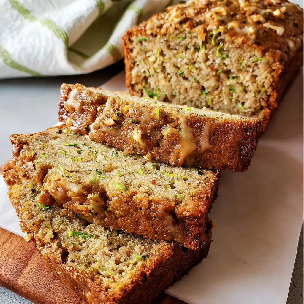 Freshly baked zucchini bread loaf sliced on a wooden board