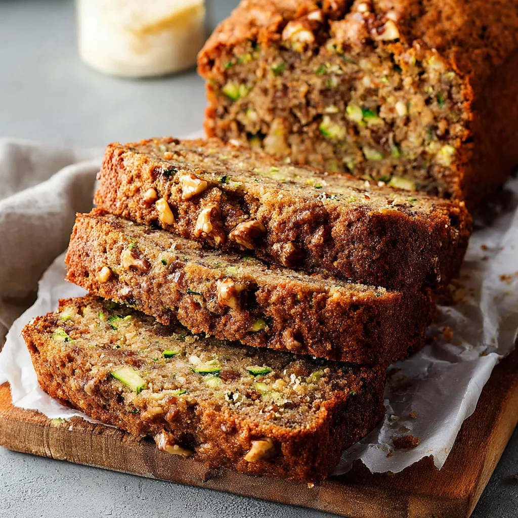 Freshly baked zucchini bread loaf sliced on a wooden board