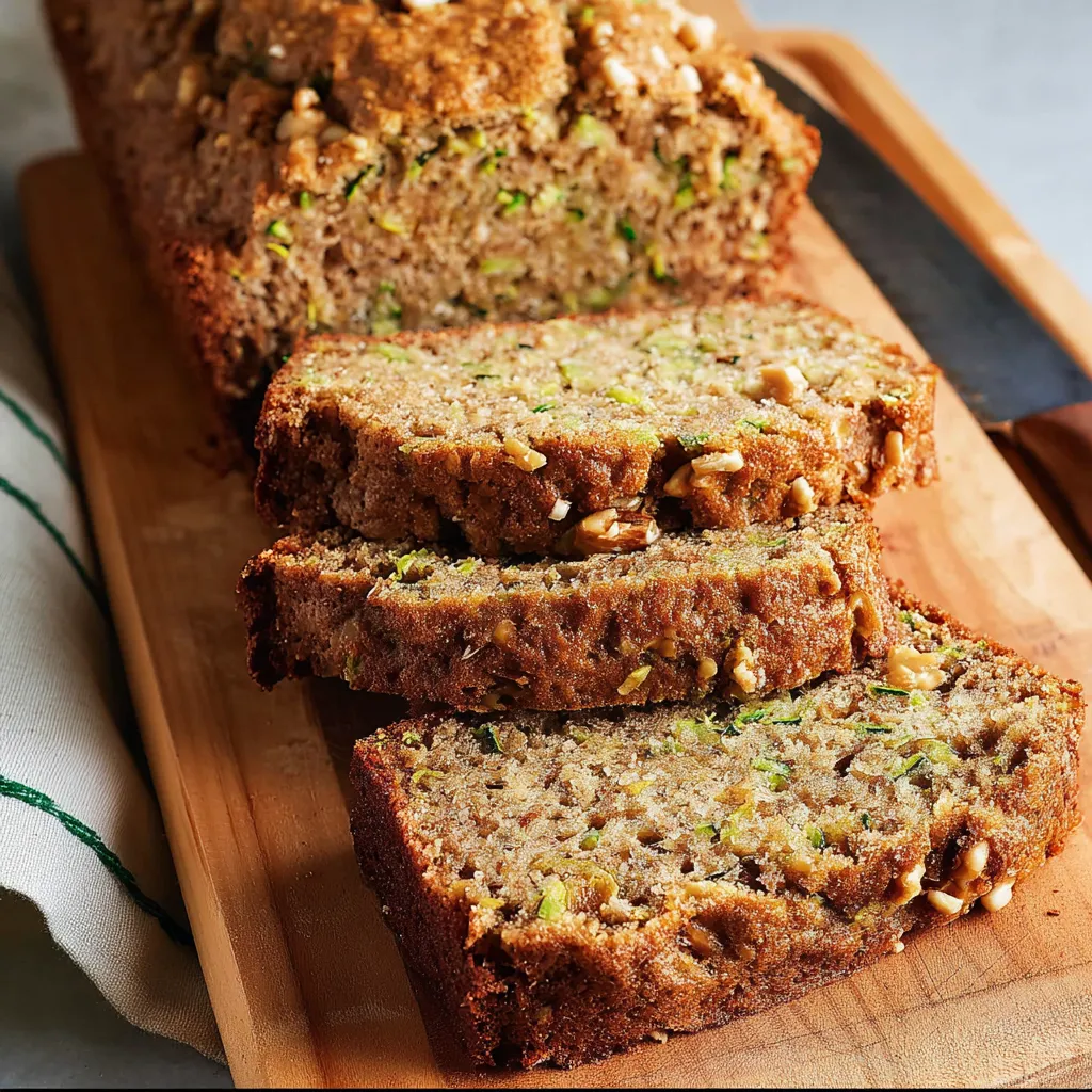 Freshly baked zucchini bread loaf sliced on a wooden board