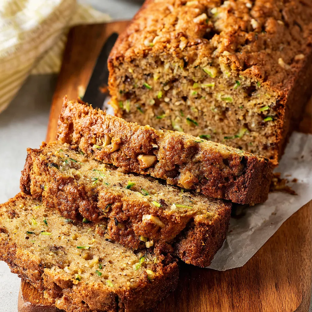 Freshly baked zucchini bread loaf sliced on a wooden board