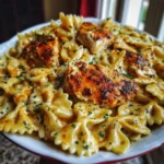 Mozzarella Garlic Butter Chicken Bowtie Pasta served in a creamy sauce with melted cheese and parsley garnish.