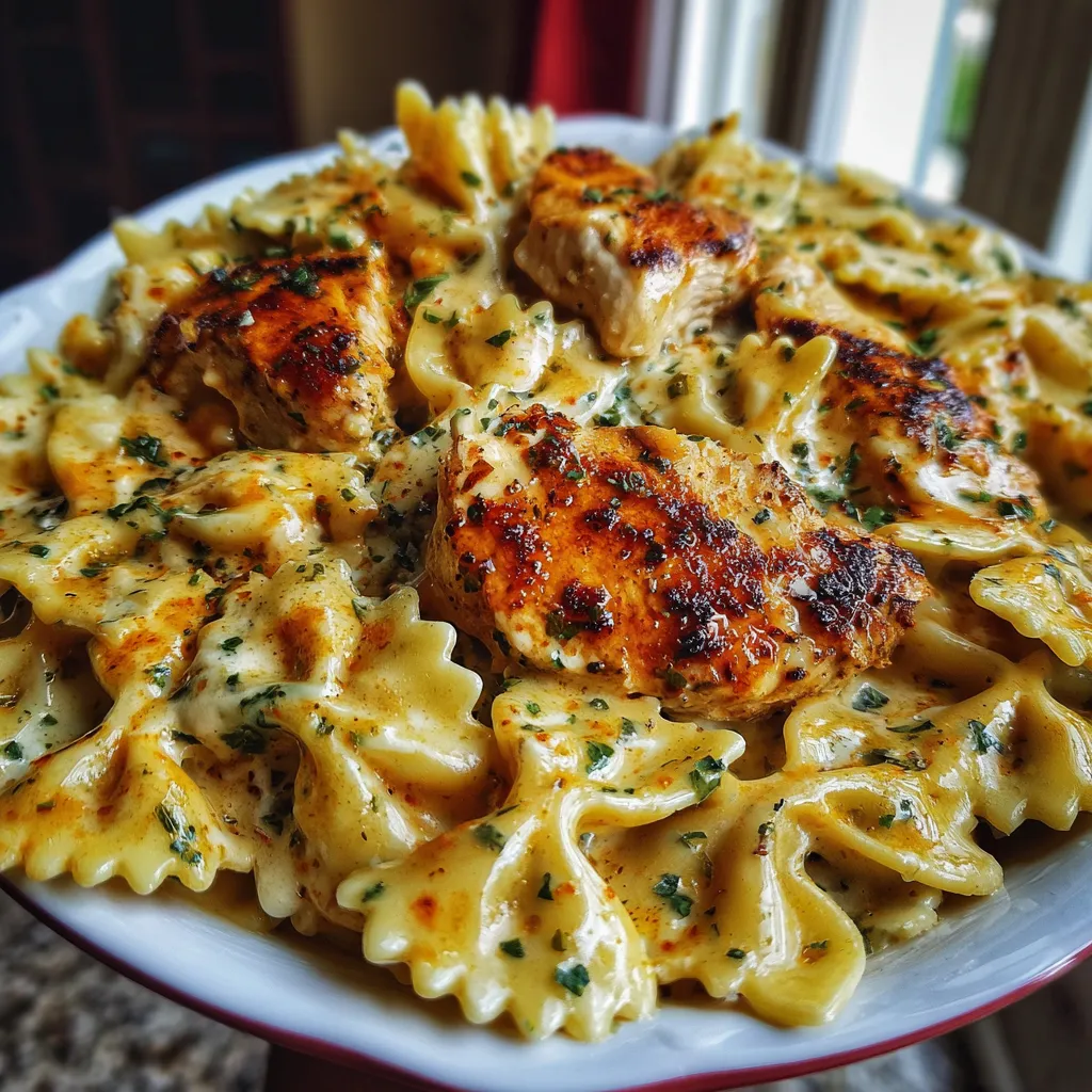 Mozzarella Garlic Butter Chicken Bowtie Pasta served in a creamy sauce with melted cheese and parsley garnish.