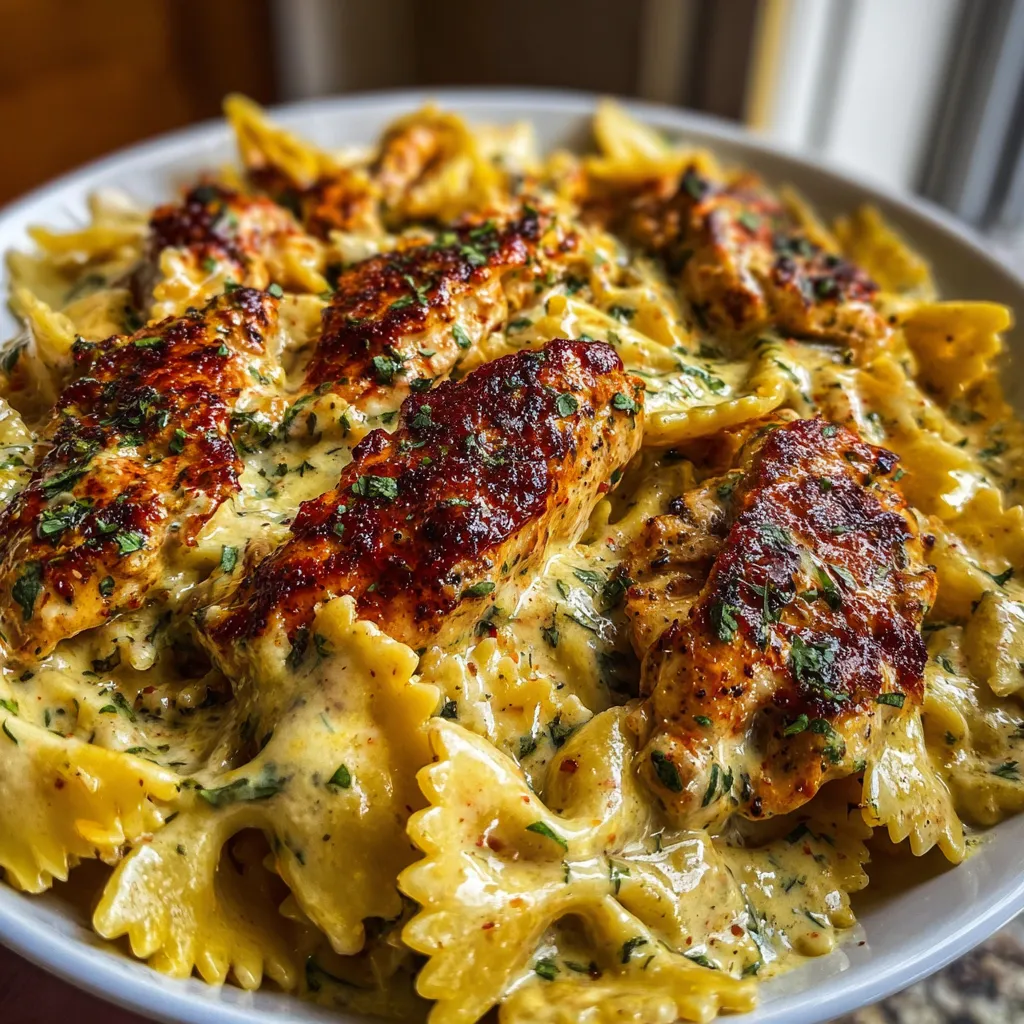 Mozzarella Garlic Butter Chicken Bowtie Pasta served in a creamy sauce with melted cheese and parsley garnish.