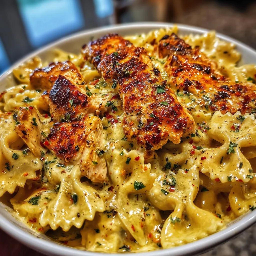 Mozzarella Garlic Butter Chicken Bowtie Pasta served in a creamy sauce with melted cheese and parsley garnish.