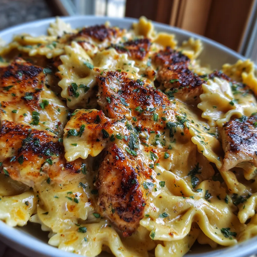 Mozzarella Garlic Butter Chicken Bowtie Pasta served in a creamy sauce with melted cheese and parsley garnish.