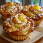 Peach Pie Cruffins in muffin tin with golden swirls, sprinkled with powdered sugar.