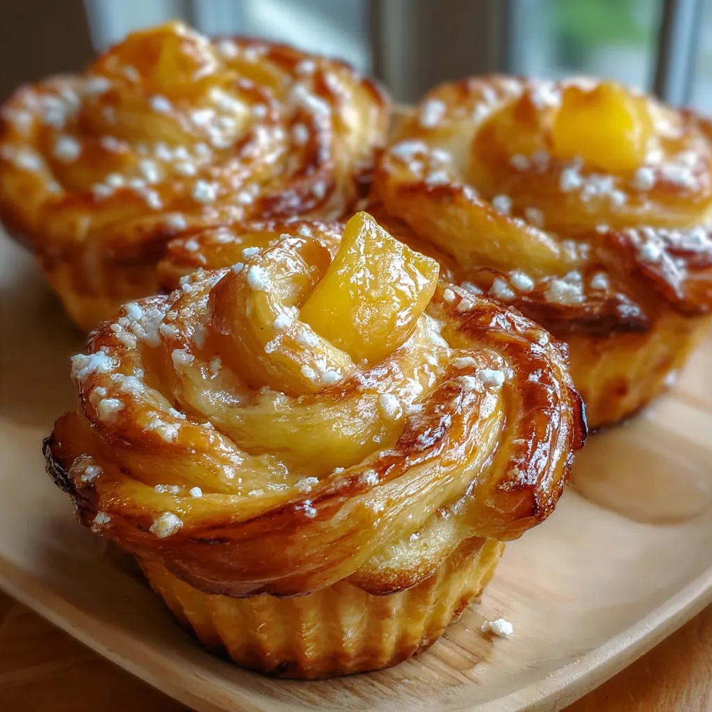 Peach Pie Cruffins in muffin tin with golden swirls, sprinkled with powdered sugar.